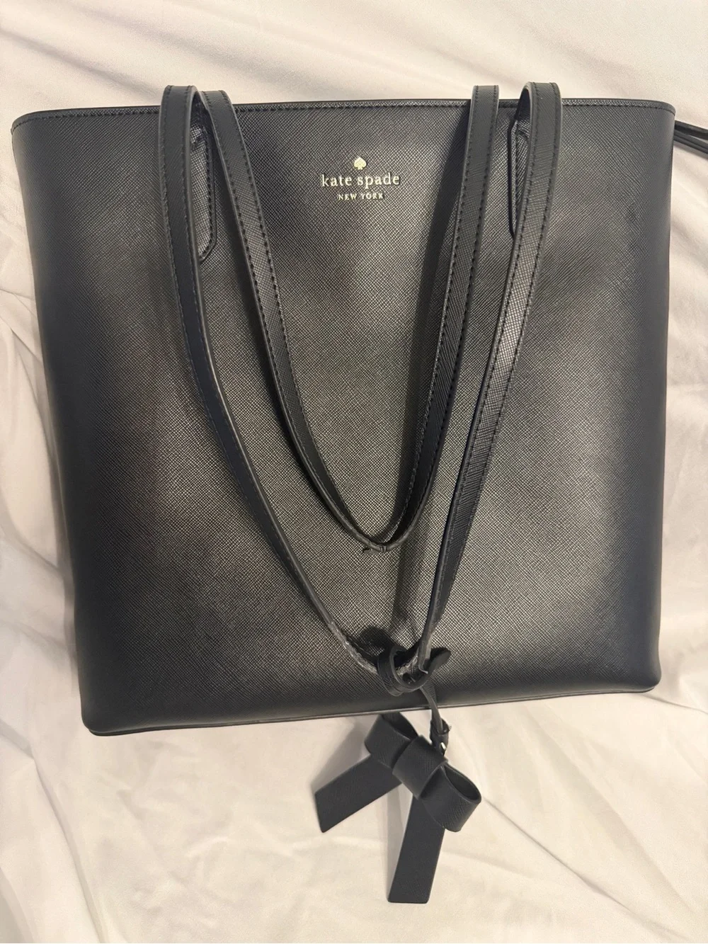 Kate Spade black saffiano leather tote bag with bow charm